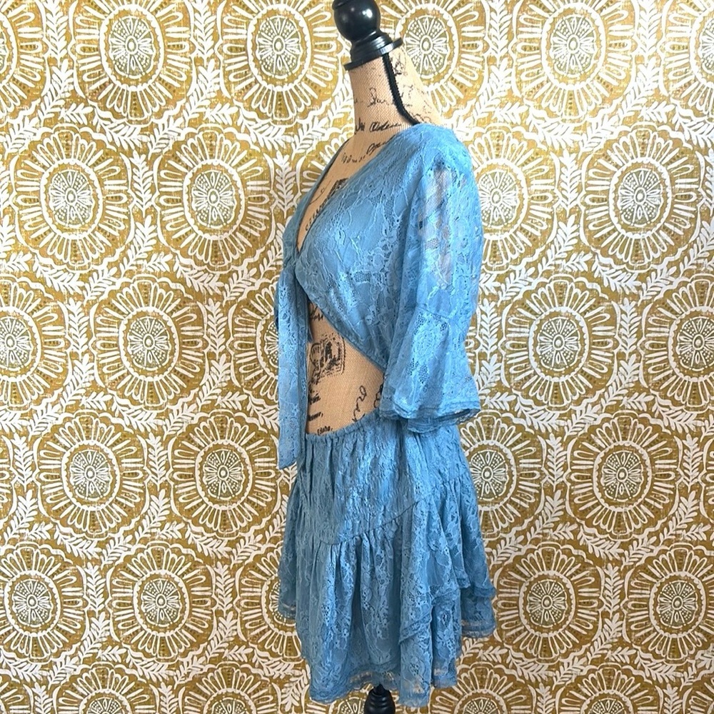 NWOT Free People Lala Lace Sheer Reversible V-Neck Mini Dress in Baby Denim Sz M - Picture 11 of 12